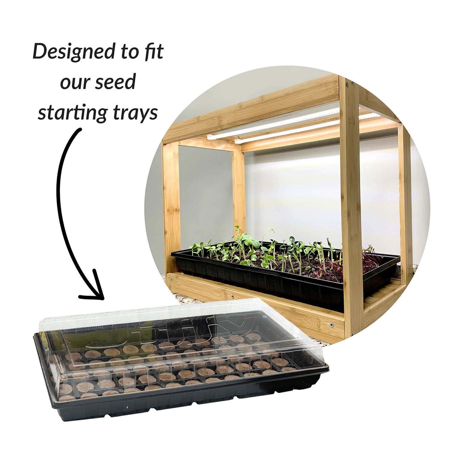 A bamboo indoor growhouse with LED lights